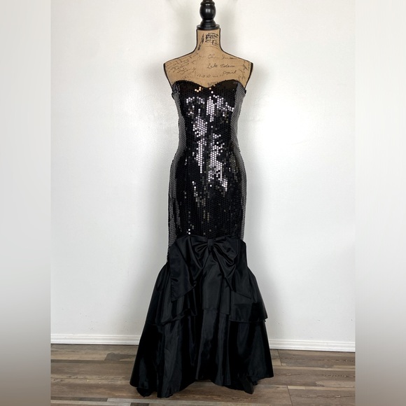 Nadine Sequin 80s 90s Vintage Gown Formal Dress Mermaid Size 13 Jr Black Whimsy - Picture 1 of 12